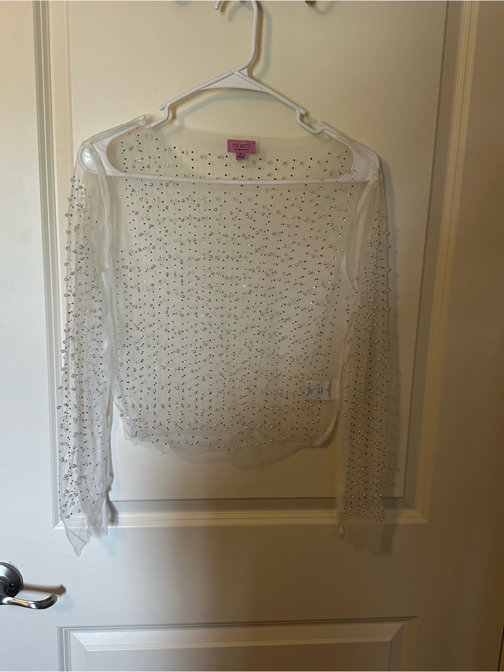 Francesca’s mi ami Cream Sheer Mesh Top with Pearl and Silver Bead Accents